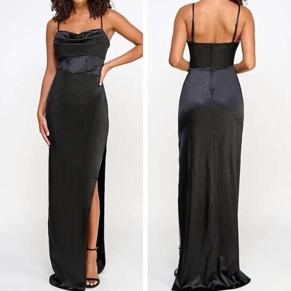 Emerald Sundae Evening Gown SMALL Black Satin Drape High Slit Special Occasion